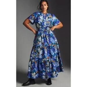 Anthropologie Somerset Watercolor Sapphire Blue Maxi dress. Large Petite